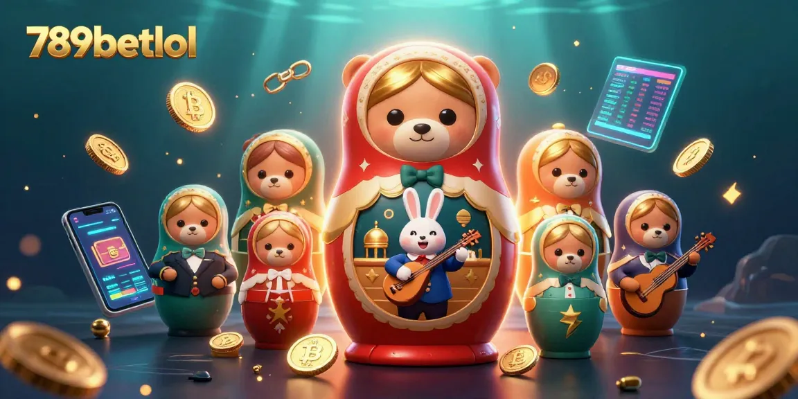 Engage with 789betlol in an exciting casino-themed scene featuring a Matryoshka bear and crypto elements.