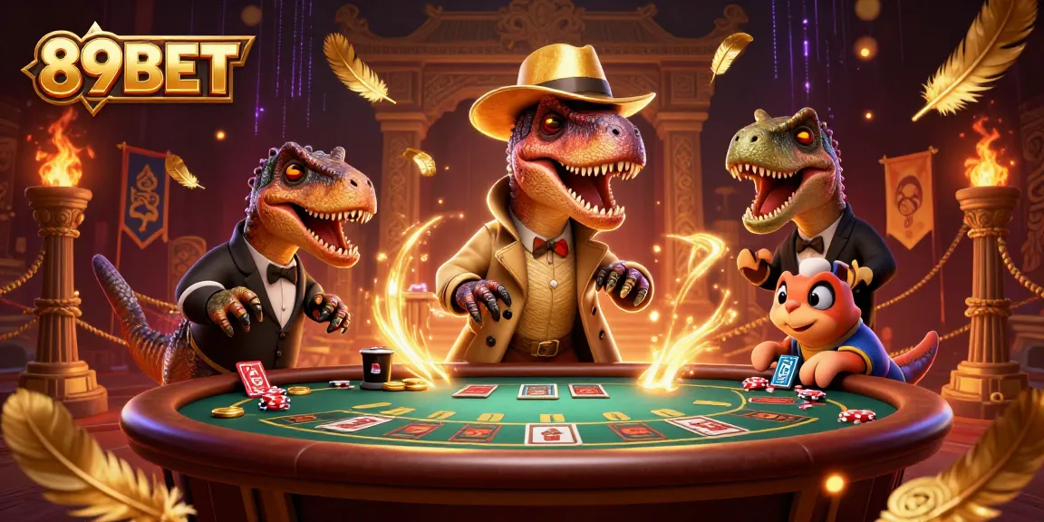 Experience high-stakes gameplay with a 89BET velociraptor card counter at a blackjack table, enhanced by vibrant casino elements.