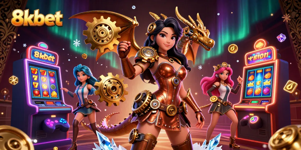 8xbet showcases a stunning woman in a steampunk corset with a clockwork dragon amidst vibrant slot machines.