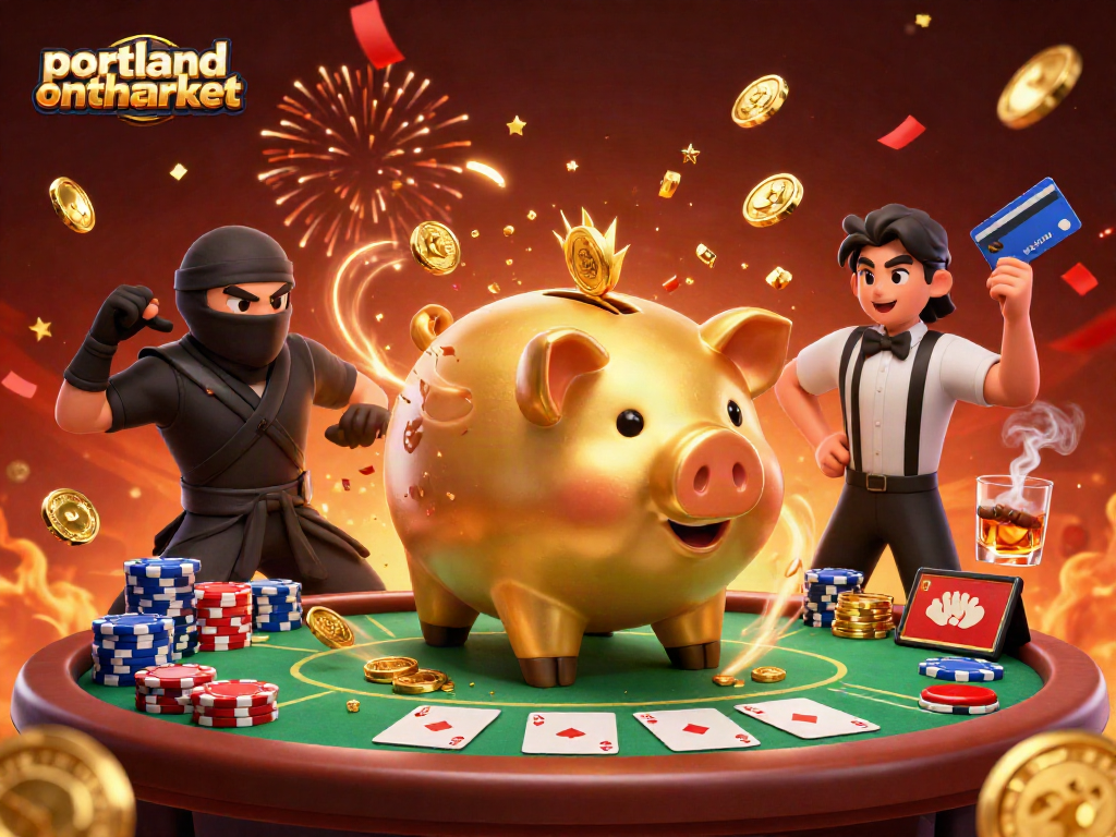 Engage in poker battles at portlandonthemarket with golden piggy bank sumo wrestler and wallet-ninja excitement.