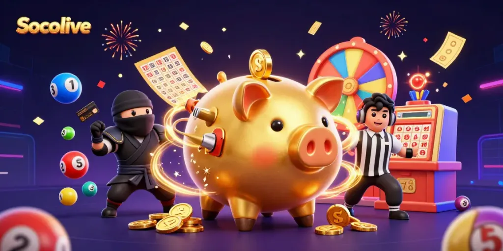 Socolive showcases a dynamic casino scene with a piggy bank sumo and dazzling game elements.