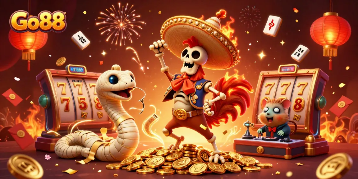Go88 celebrates with a vibrant casino scene featuring a dancing rooster, lucky symbols, and festive elements.