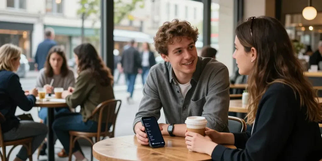 Young man demonstrating how to talk to women in a vibrant café setting, engaging confidently with an interested woman.