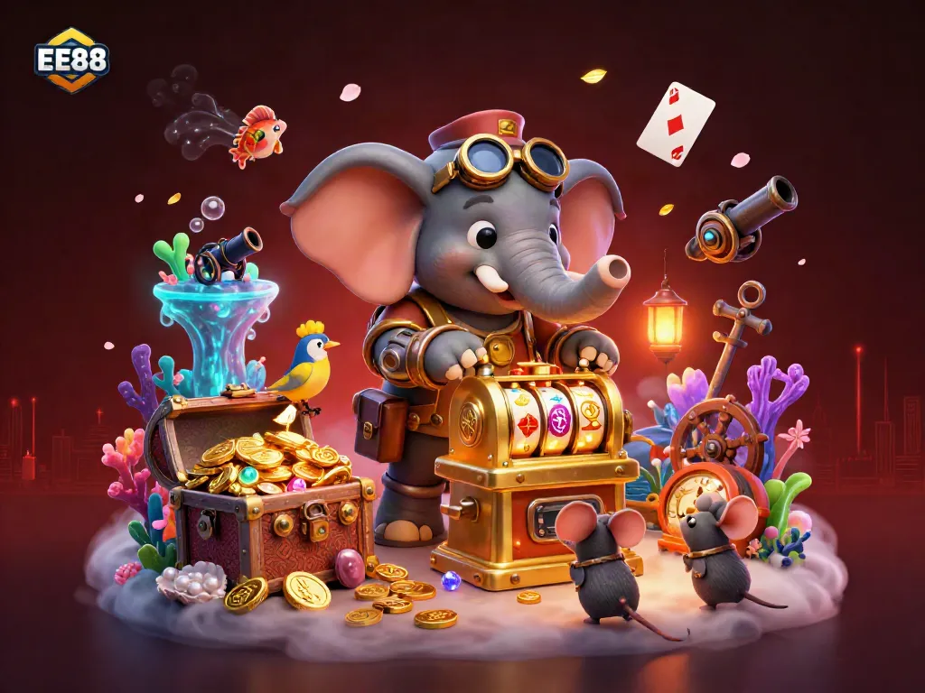 EE88 brings excitement to life with a steampunk elephant and a golden slot machine in a vibrant casino scene.