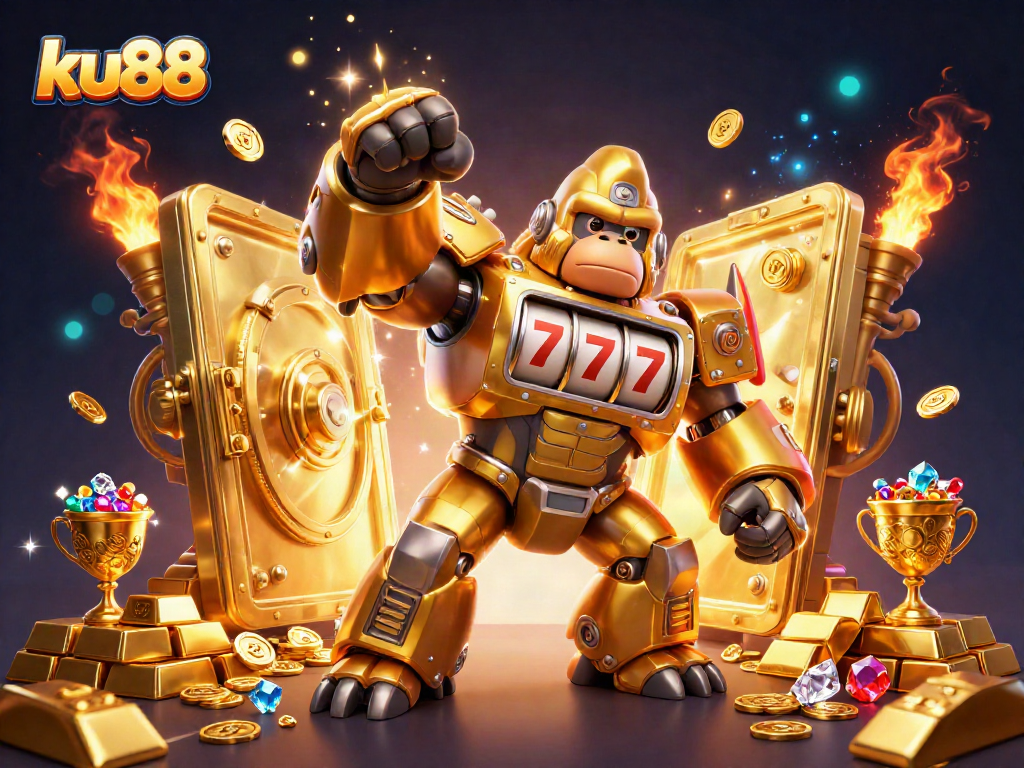 ku88 showcases a thrilling 3D slot-themed casino adventure featuring a golden gorilla mech and treasures.