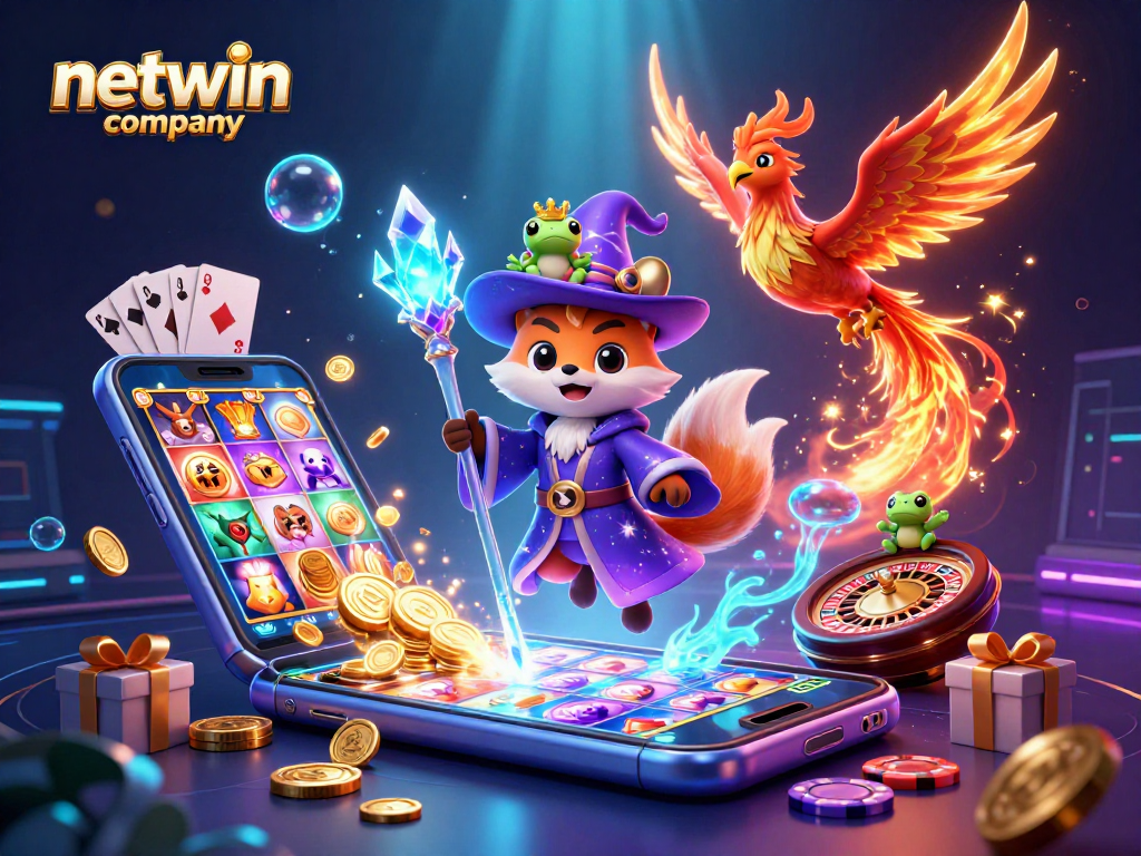 A thrilling gaming experience at netwin company with a mystical wizard fox, phoenix, and slot game elements