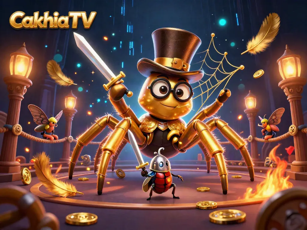 Experience the thrill of Cakhia TV with a golden tarantula and beetle knight battling in a vibrant casino scene.
