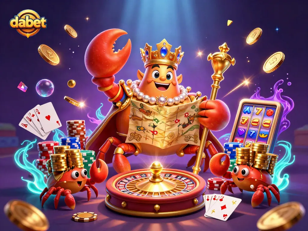 Win big with dabet in a vibrant casino scene featuring a golden crab and treasures.