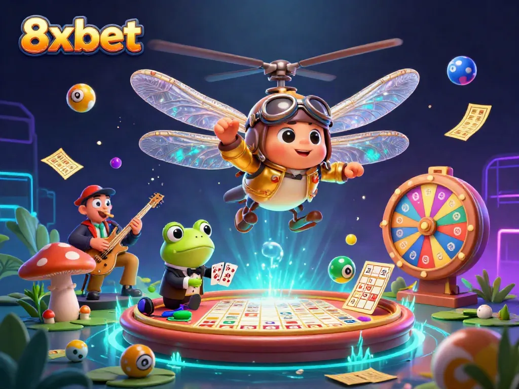 Experience the excitement at 8xbet casino with dragonfly pilot, frog croupier, and vibrant game elements.