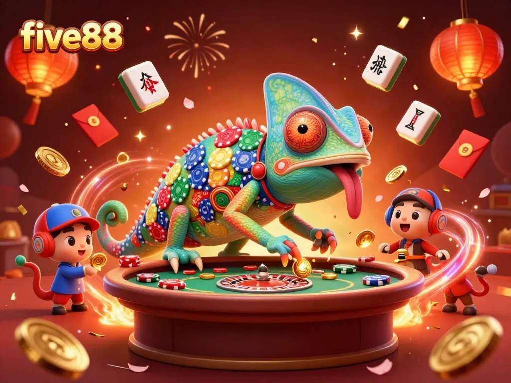 Join the five88 casino action with a colorful chameleon owner snapping up golden coins!