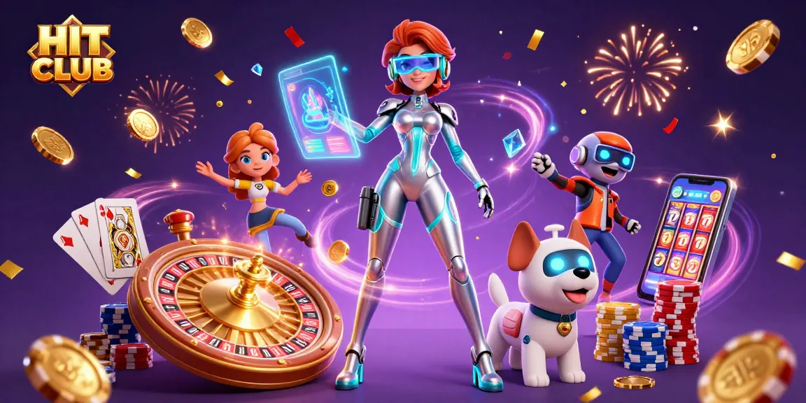 Experience HIT CLUB with a stunning woman and robot dog amidst cascading gold coins and vibrant casino elements.