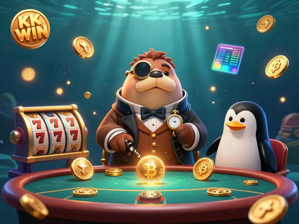 Experience KK WIN's thrilling underwater poker game with a whimsical walrus and vibrant casino elements.