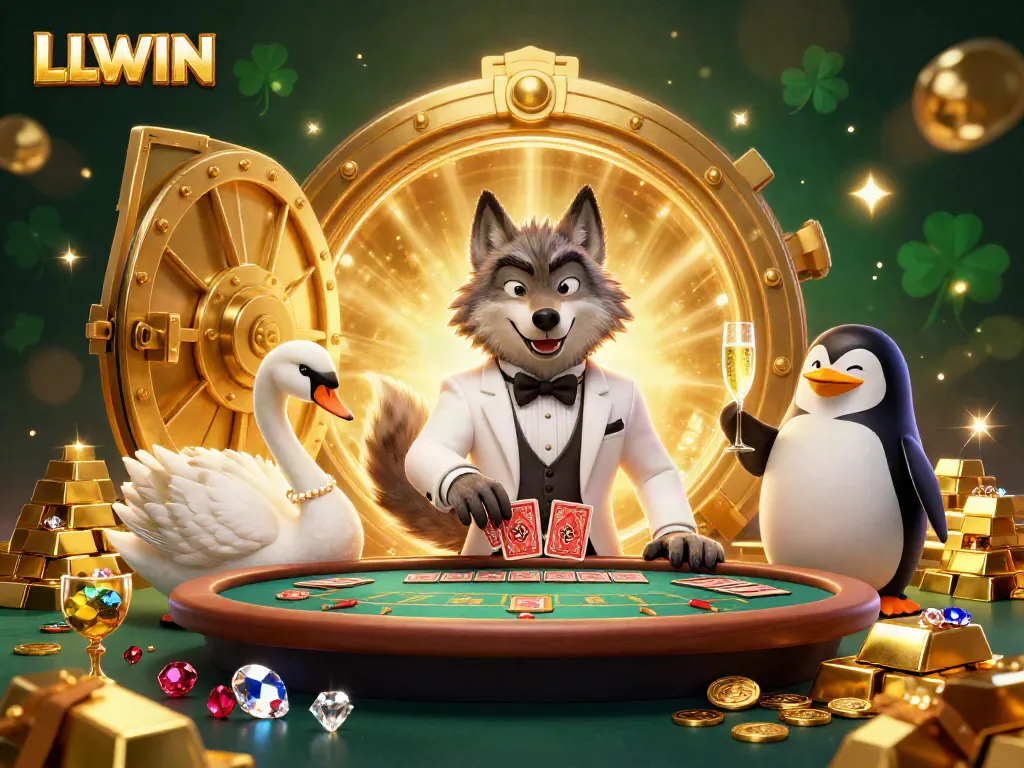 Experience the exciting gaming atmosphere at LLWIN with a charming wolf, an elegant swan, and a sophisticated penguin in a luxurious casino scene.
