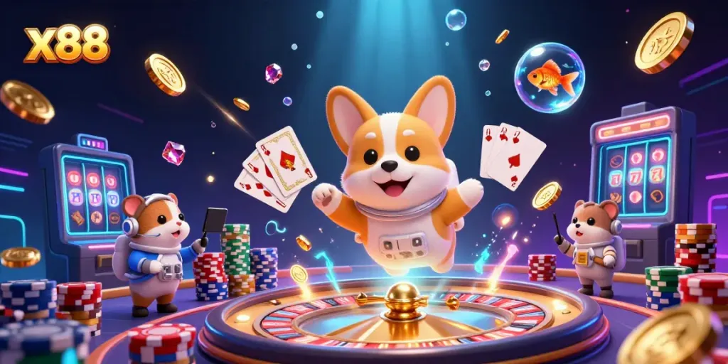 Watch the 3D spacesuit corgi collect coins and gems at x88 space casino!