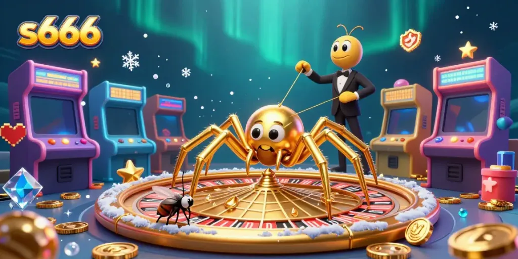 Experience the thrill of s666 as a golden spider spins a roulette wheel web with colorful casino elements.