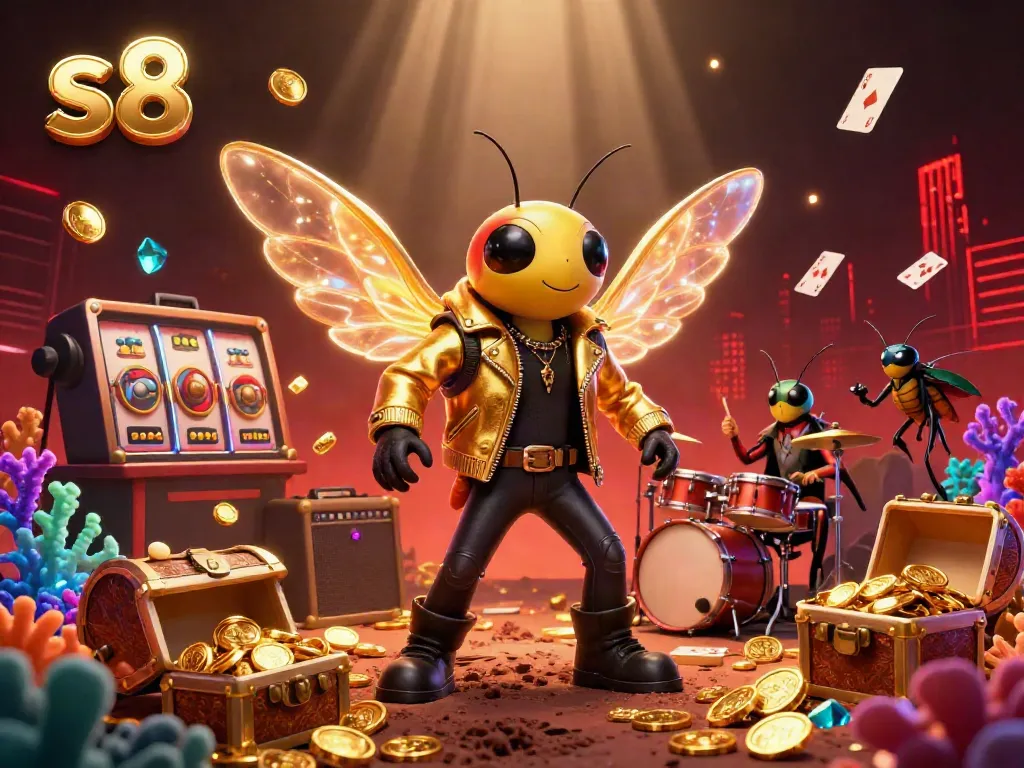Experience winning excitement at the s8 casino, featuring a joyful rock star cicada amidst vibrant themed elements.