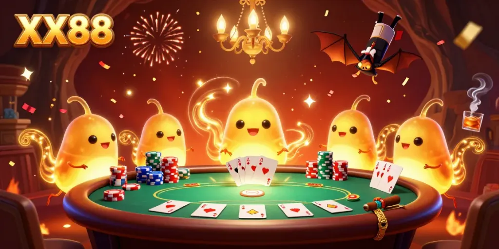 Experience the thrill of winning at XX88 in this vibrant casino scene with glowworms lighting the way.