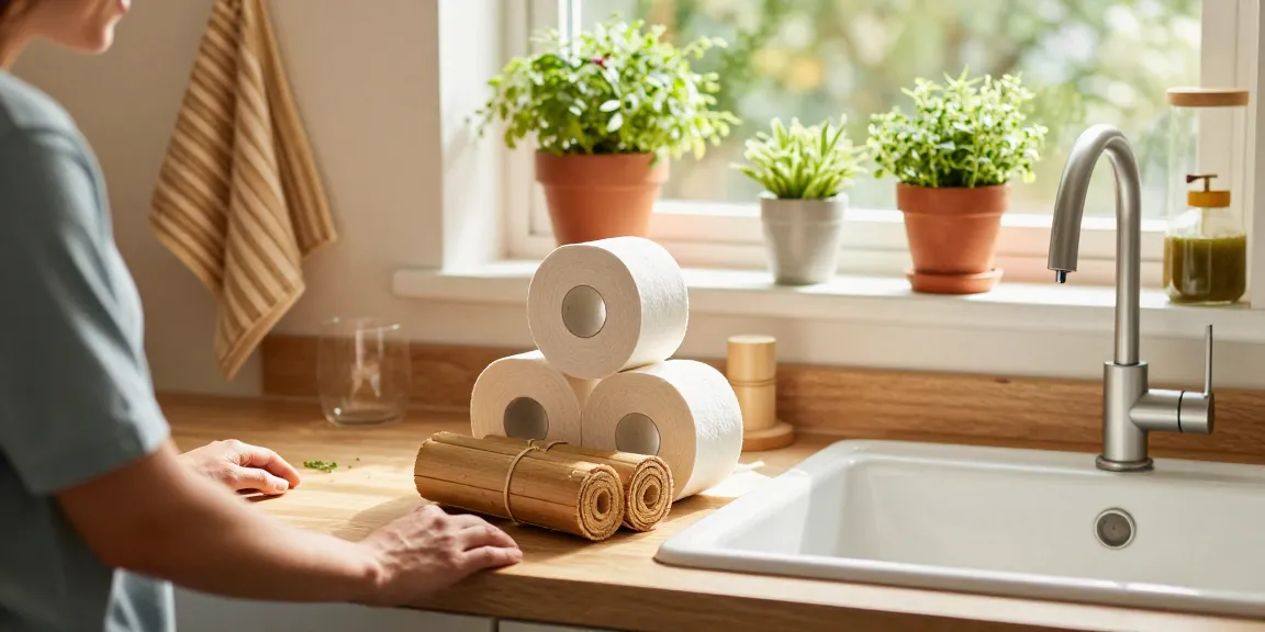 BAMBOO TOILET ROLL showcased in a bright, eco-friendly kitchen setting with plants and sustainable products.