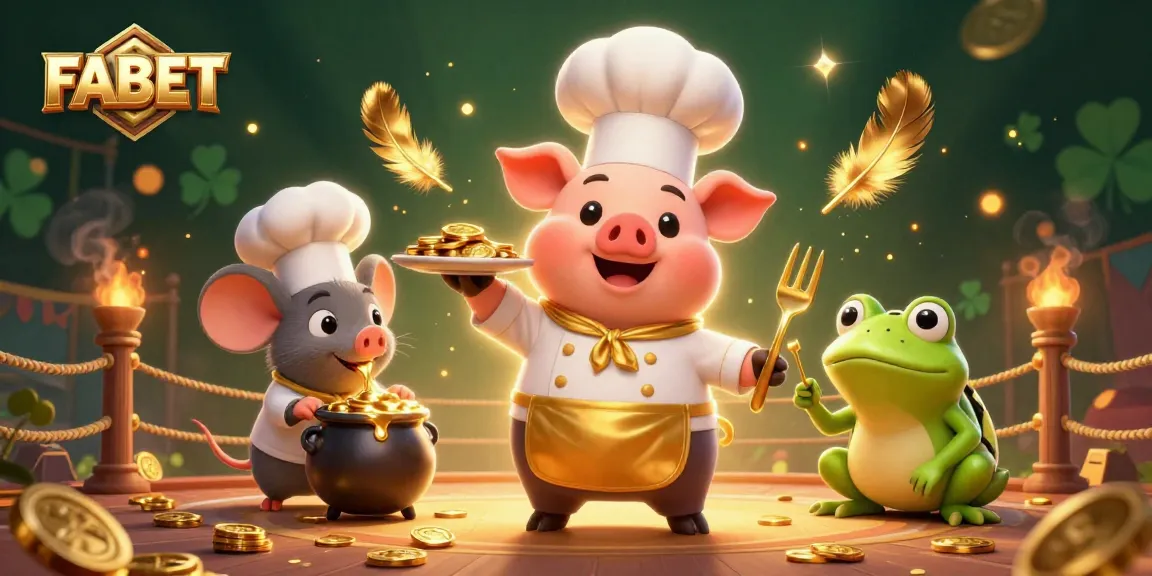 Experience the thrill of FABET as a cartoon chef pig elegantly serves gold coins in an exciting casino atmosphere.