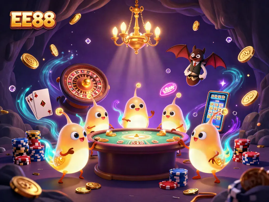 EE88 glows with cartoon luminescence in a vibrant casino scene filled with slots, chips, and lights.