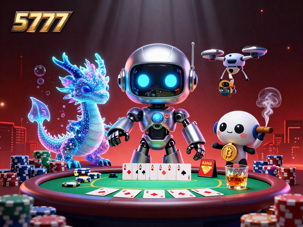 Engage in thrilling gameplay at 5777 with vibrant poker chips and neon characters.