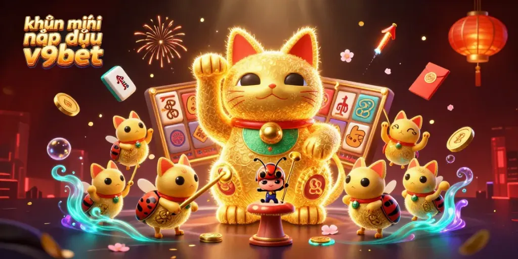 Engage with khuyến mãi nạp đầu v9bet featuring a lucky cat and vibrant casino elements.
