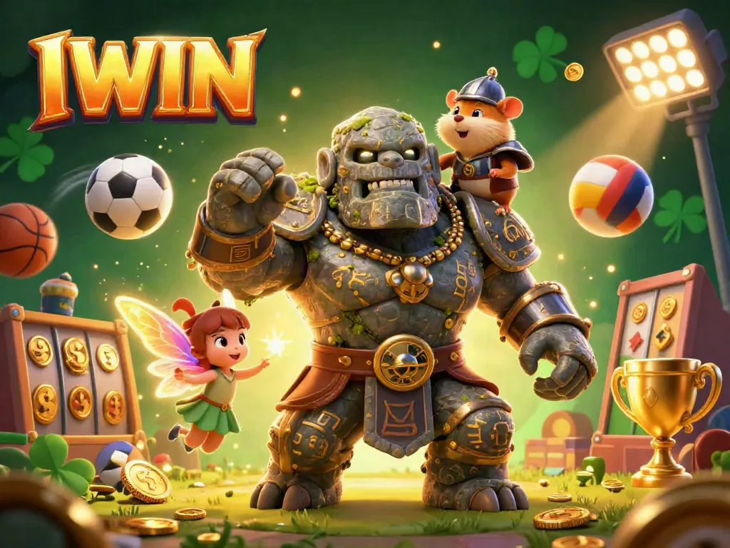 IWIN guardian golem with a fairy and hamster knight in a bustling casino scene packed with game elements.