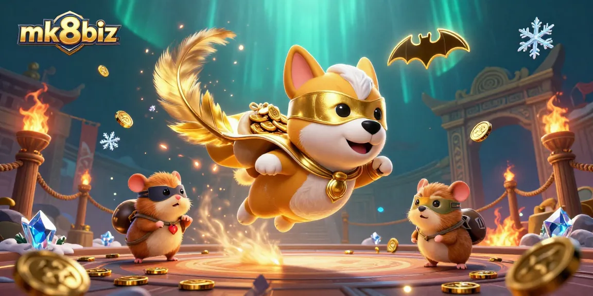 Watch mk8biz's superhero dog soaring with gold coins in an adventurous casino-themed scene.