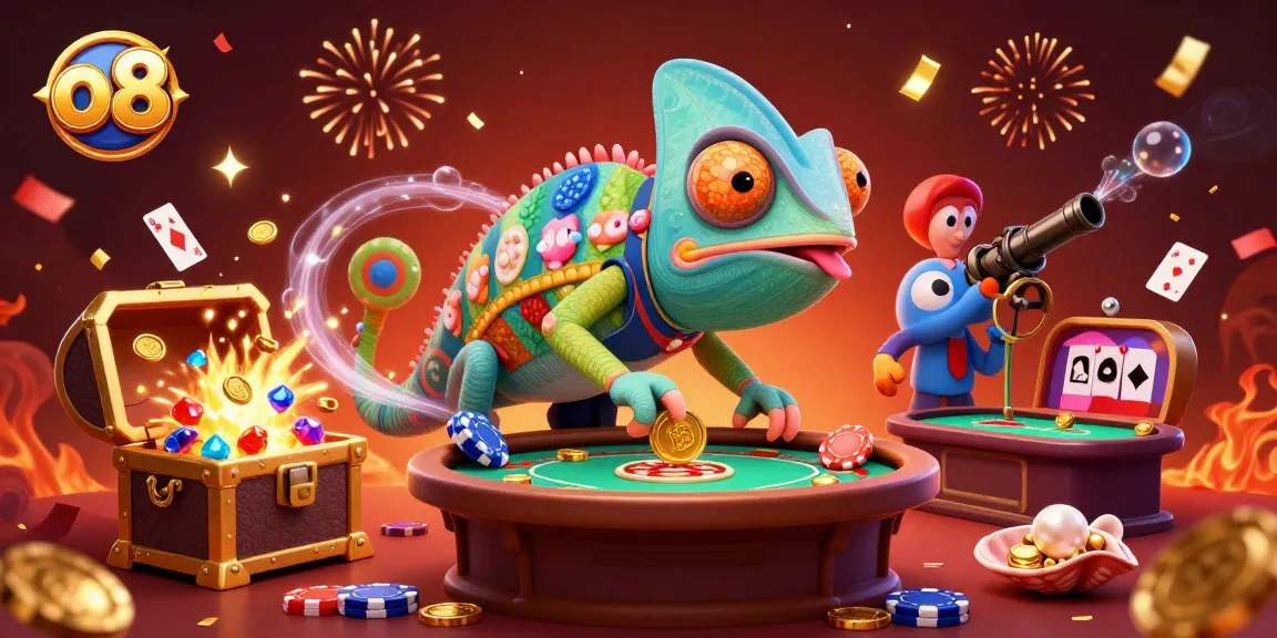 Experience the vibrant energy of o8 casino with a chameleon owner amidst exciting gambling elements.