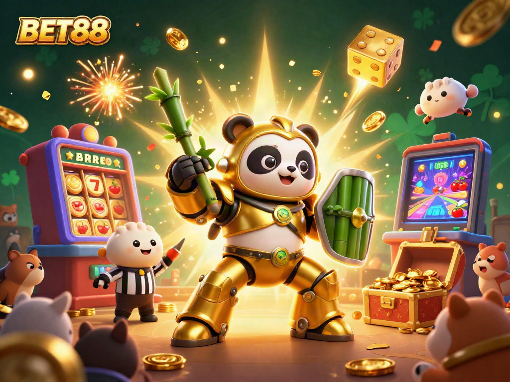 Celebrate at BET88 with a casino scene featuring a golden panda, jackpot slots, and festive confetti