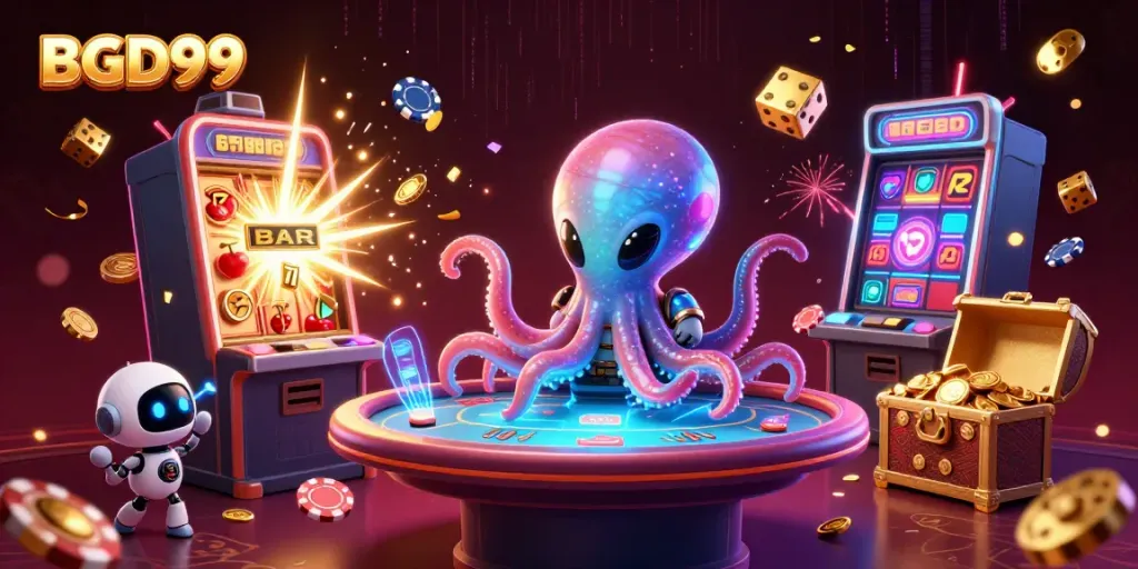 Experience thrilling gaming actions at BGD99 with an alien octopus at a holographic poker table.