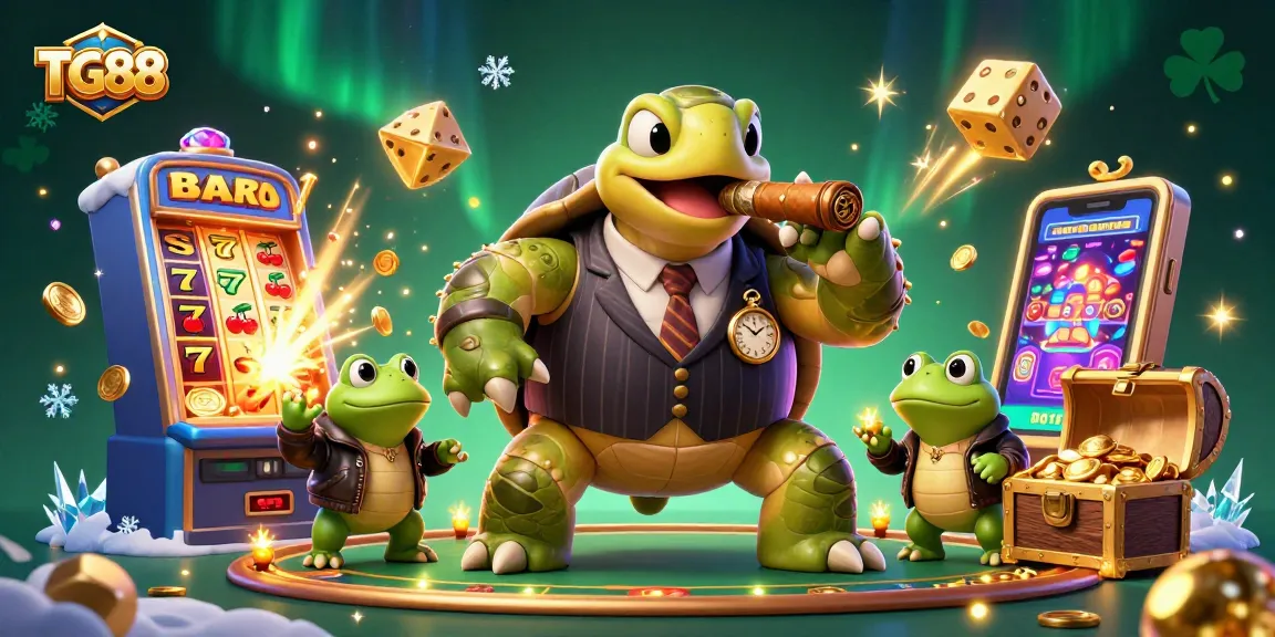 Experience the excitement of TG88 with a vibrant casino scene featuring a turtle mobster and winning animations.