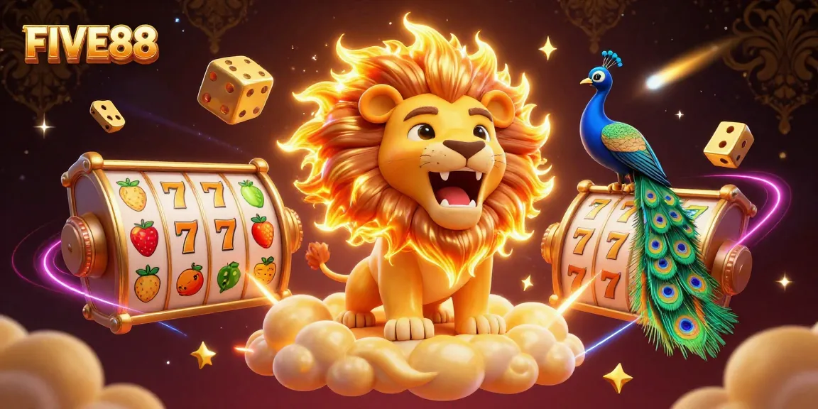 Experience thrilling slots action with FIVE88's vibrant 3D casino illustration featuring a roaring sun lion.
