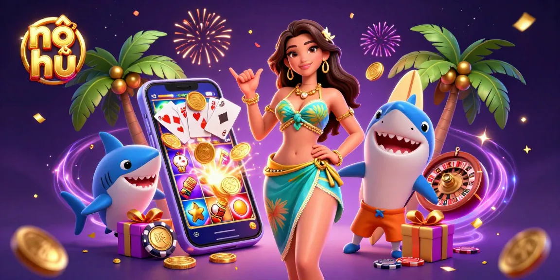 Experience exciting nổ hũ action with colorful slot games and vibrant characters in this dynamic illustration.
