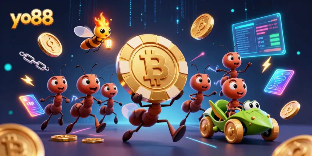 Join the yo88 heist with 3D ants carrying giant poker chip in a vibrant casino scene.