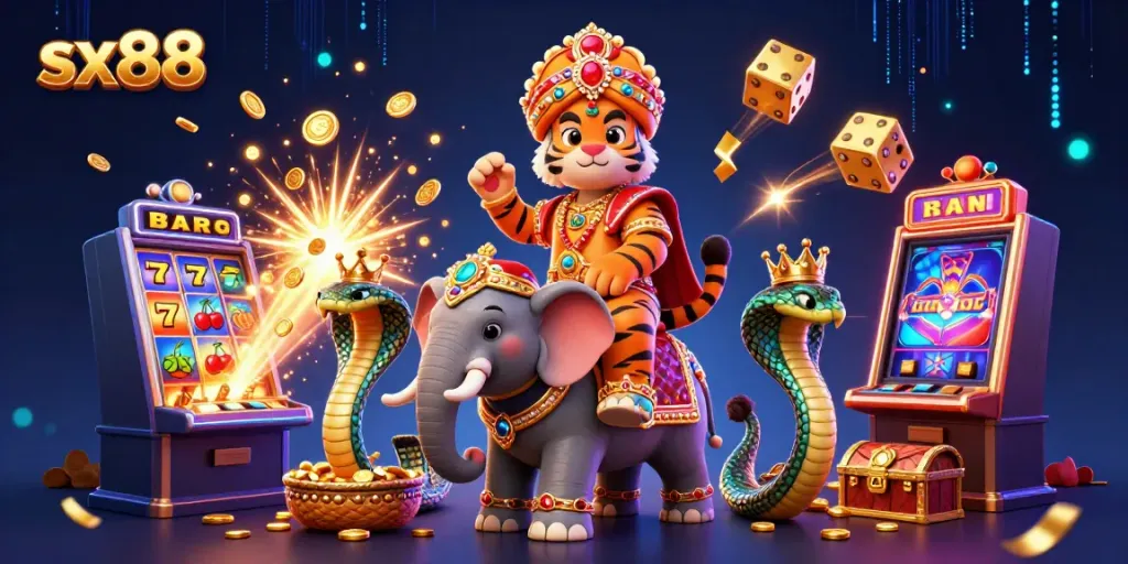 Experience thrilling wins at sx88 casino with a vibrant 3D scene featuring a maharaja, an elephant, and jackpot explosions.