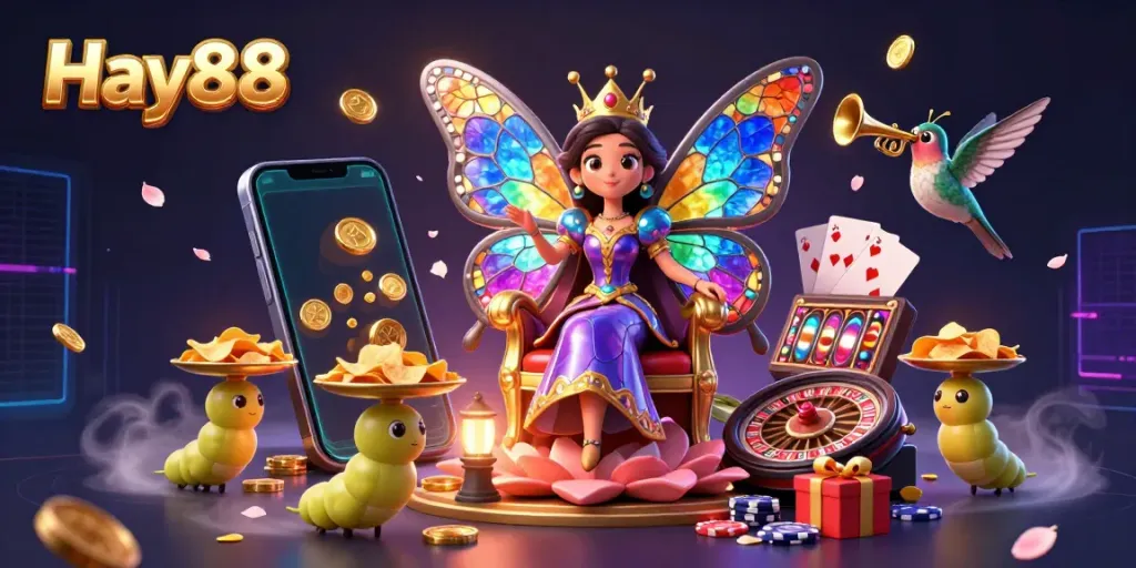 Experience Hay88's vibrant gaming world with a 3D butterfly queen and casino elements, engaging in thrilling gameplay.