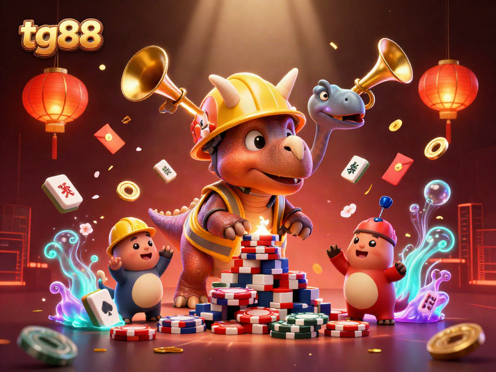 Celebrate tg88 with a vibrant casino scene featuring cartoon dinosaurs and dynamic gaming elements.