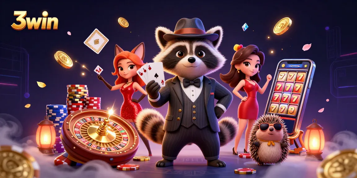 Experience excitement at 3win casino with a raccoon and fox playing for a royal flush.