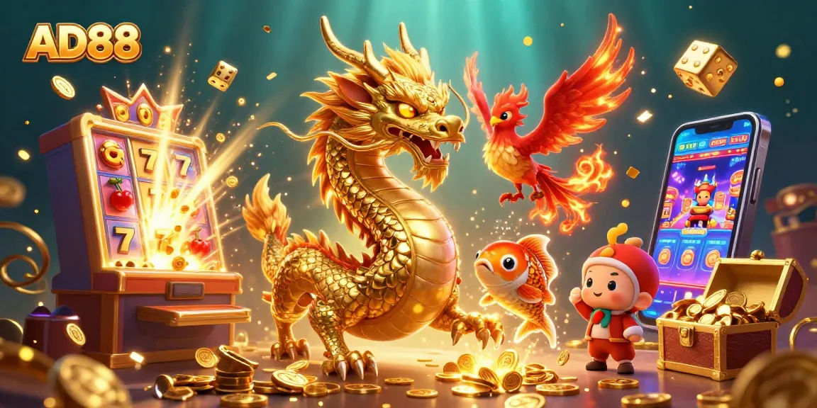 Engage with AD88's vibrant casino world, featuring unique characters and explosive gaming elements.