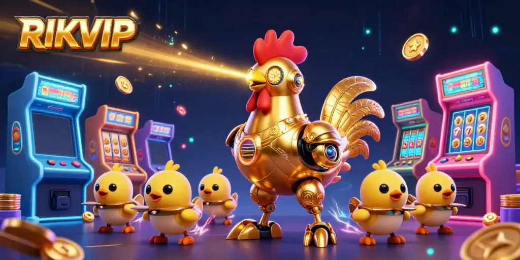 Experience a vibrant 3D scene of RIKVIP with a golden rooster robot amidst colorful casino elements.