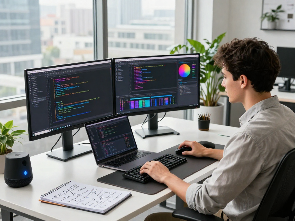 Desarrollador en oficina moderna utilizando Immediate Edge con tecnología avanzada y ambiente enfocado.