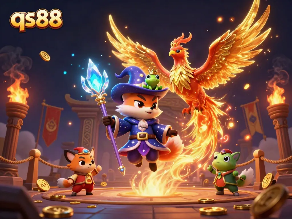 Experience thrilling gameplay at qs88 with a magical wizard fox, phoenix, and enchanted frog.