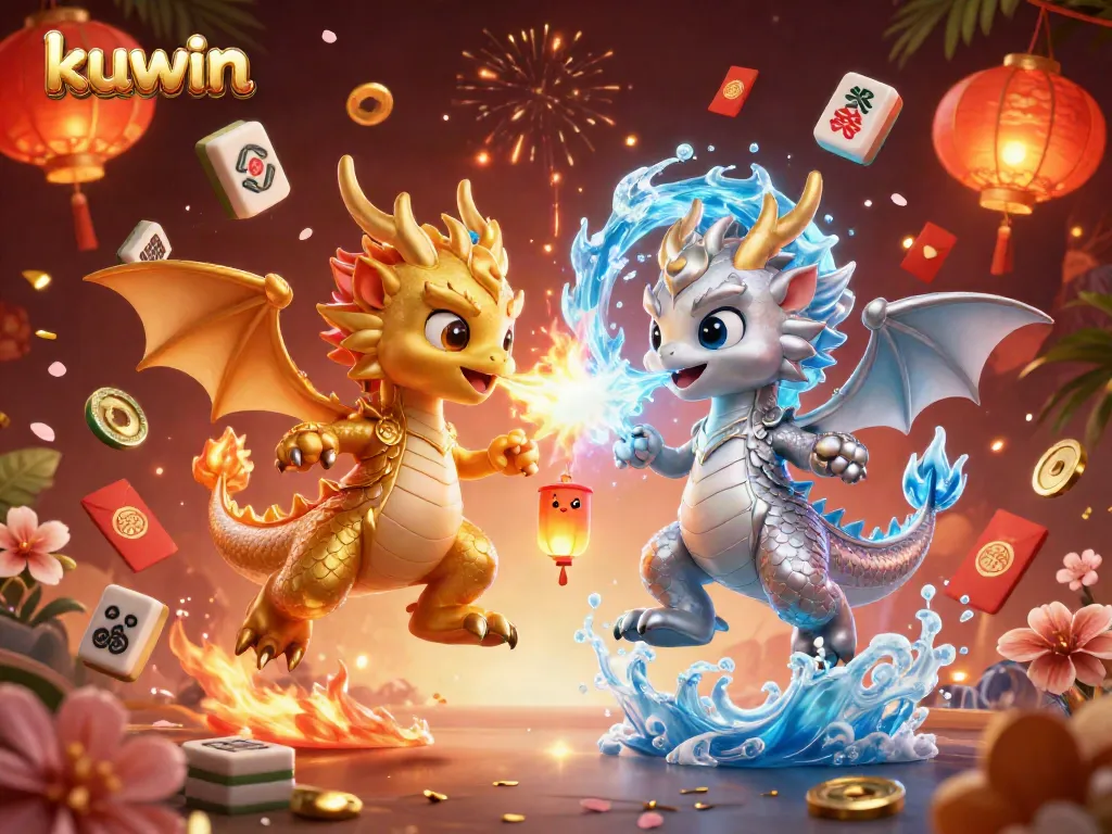 Kuwin offers exciting gaming with golden dragons, lively poker elements, and vibrant effects in a casino scene.