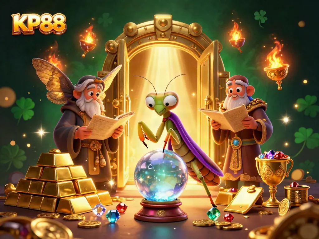 Engage with KP88's vibrant casino world featuring a fortune teller, moth librarian, and dazzling treasures.