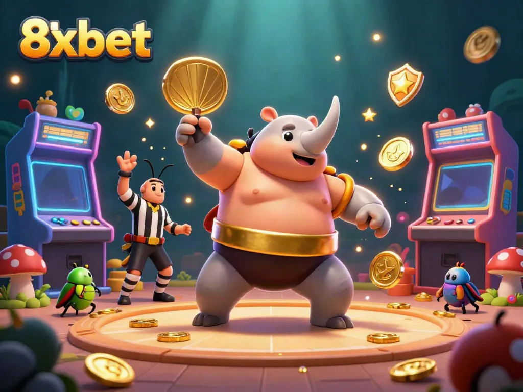 Play thrilling games with 8xbet as a cartoon rhinoceros beetle stomps coins amid casino excitement!