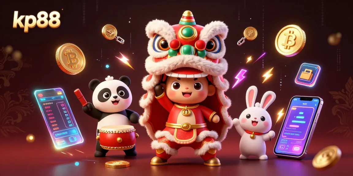 Bet on kp88 with exciting 3D casino characters, Bitcoin coins, and vibrant game elements.