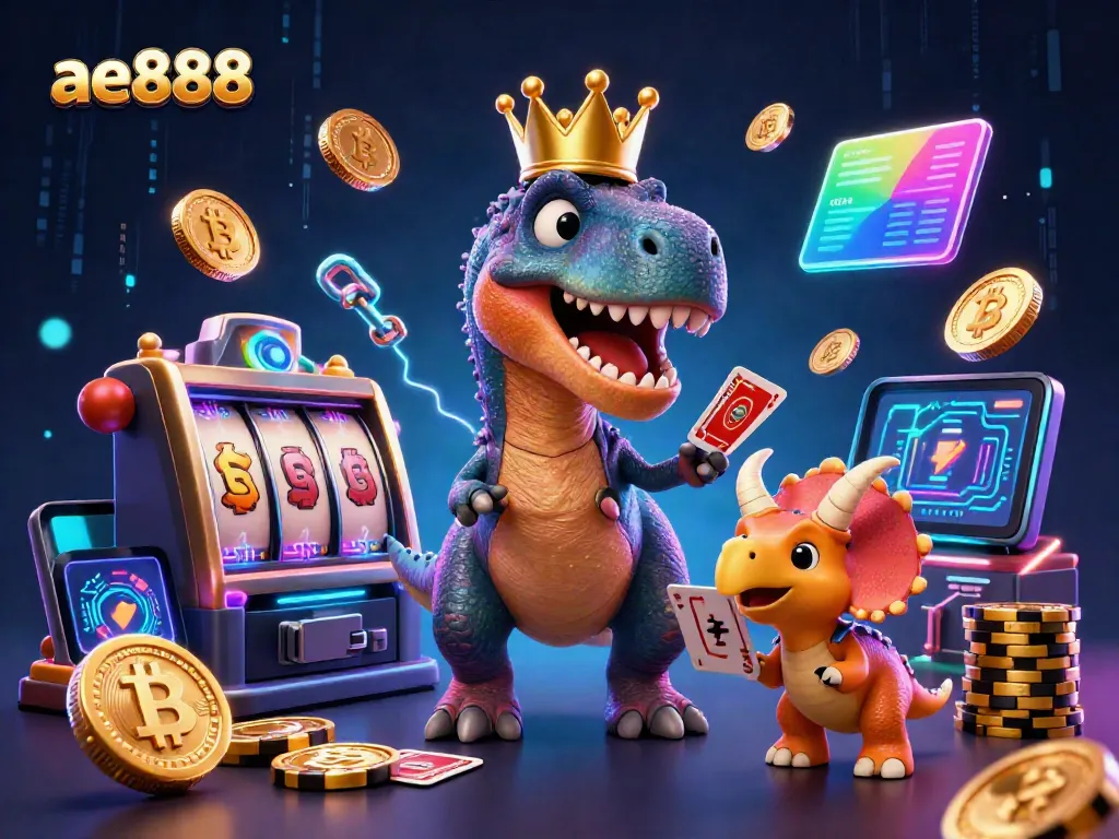 Experience thrilling gaming action with ae888 in a vibrant casino setting showcasing a T-Rex and friends in a lively scene.