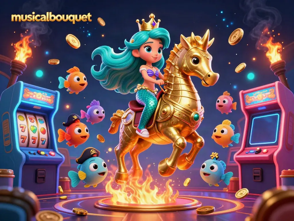 Experience the musicalbouquet with a vibrant casino theme featuring a playful mermaid princess and her colorful fish companions.