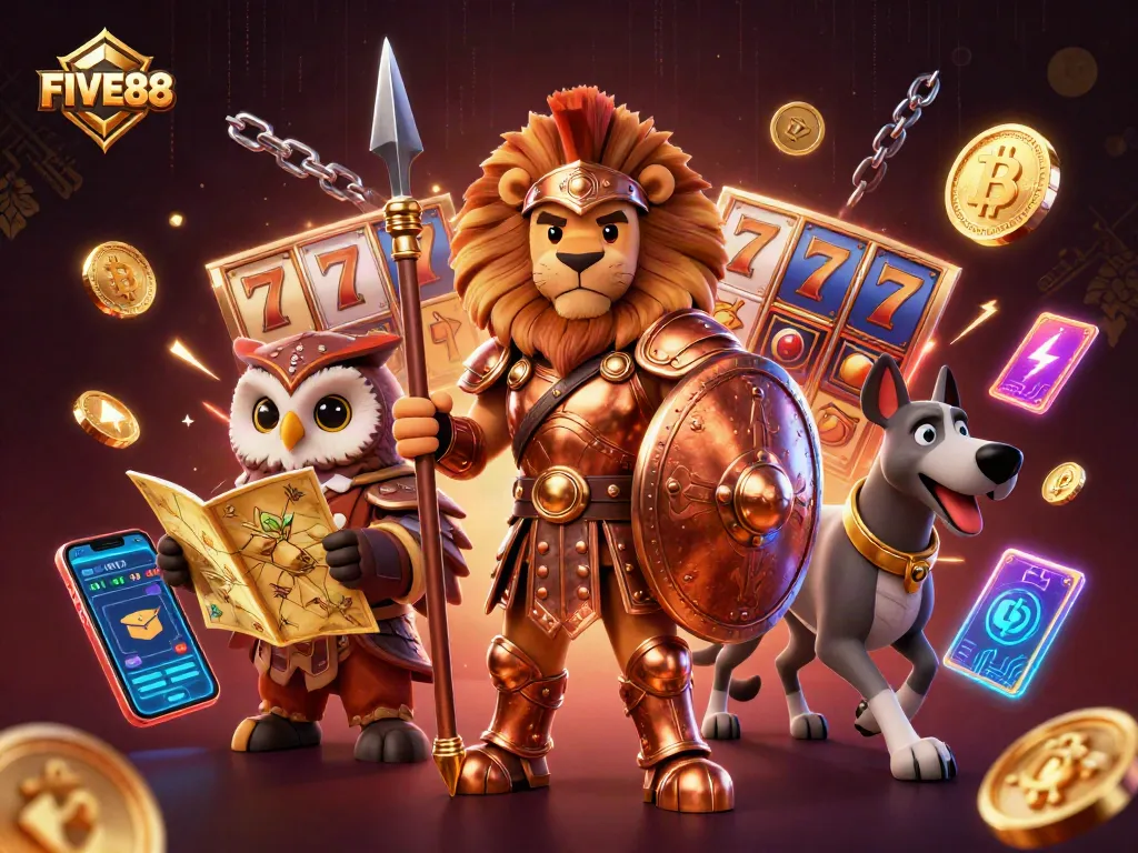 Experience the thrill of FIVE88 with a 3D lion, owl, and greyhound as they play slots.